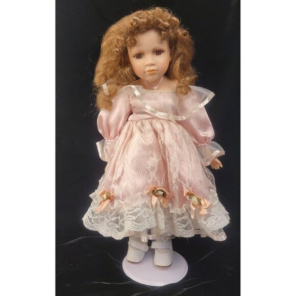 Vintage Collectible Porcelain Doll with Pink Satin and Lace Dress - Picture 1 of 15